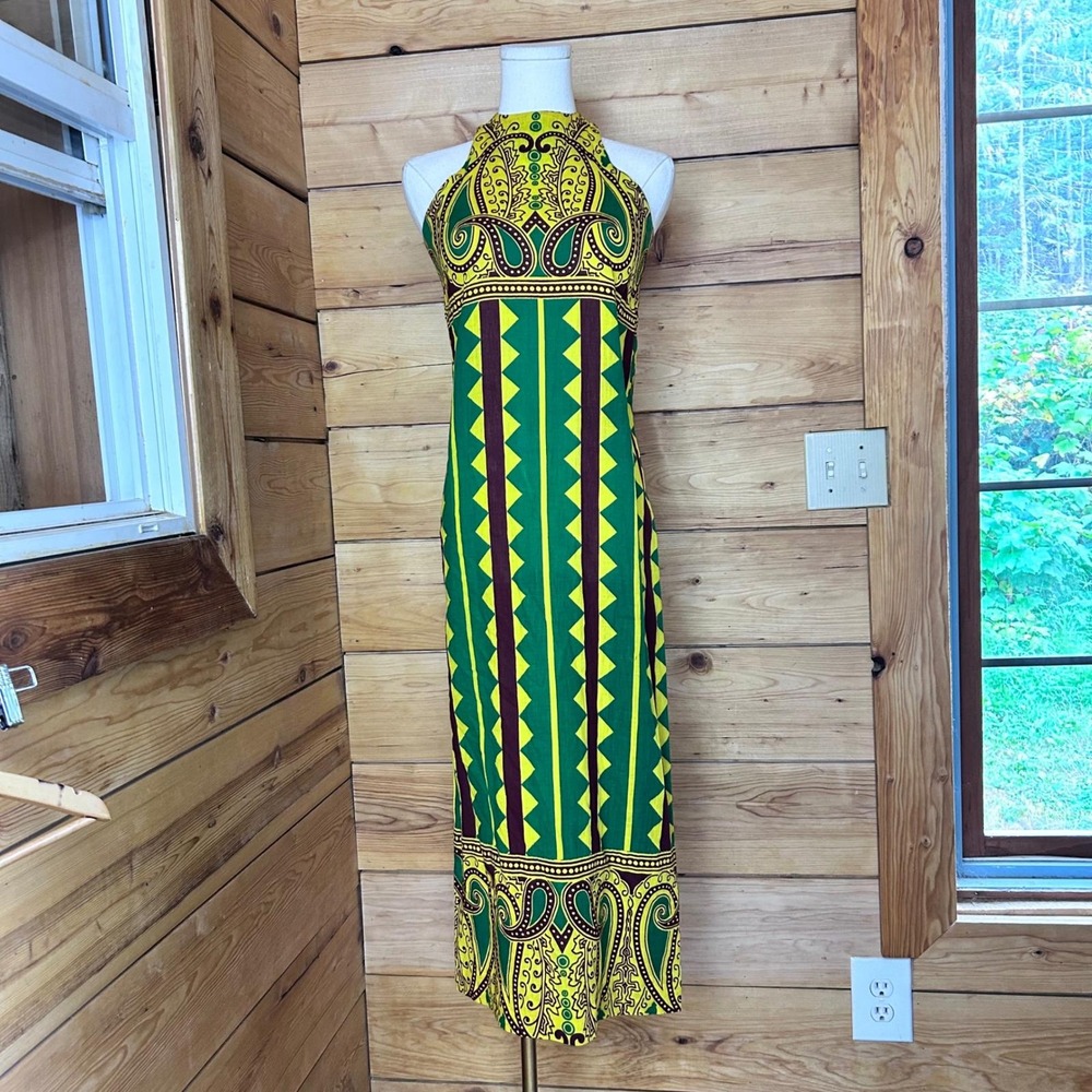 Vintage Halter Maxi Dress XS Green Yellow African Simon Massey janice wainwright